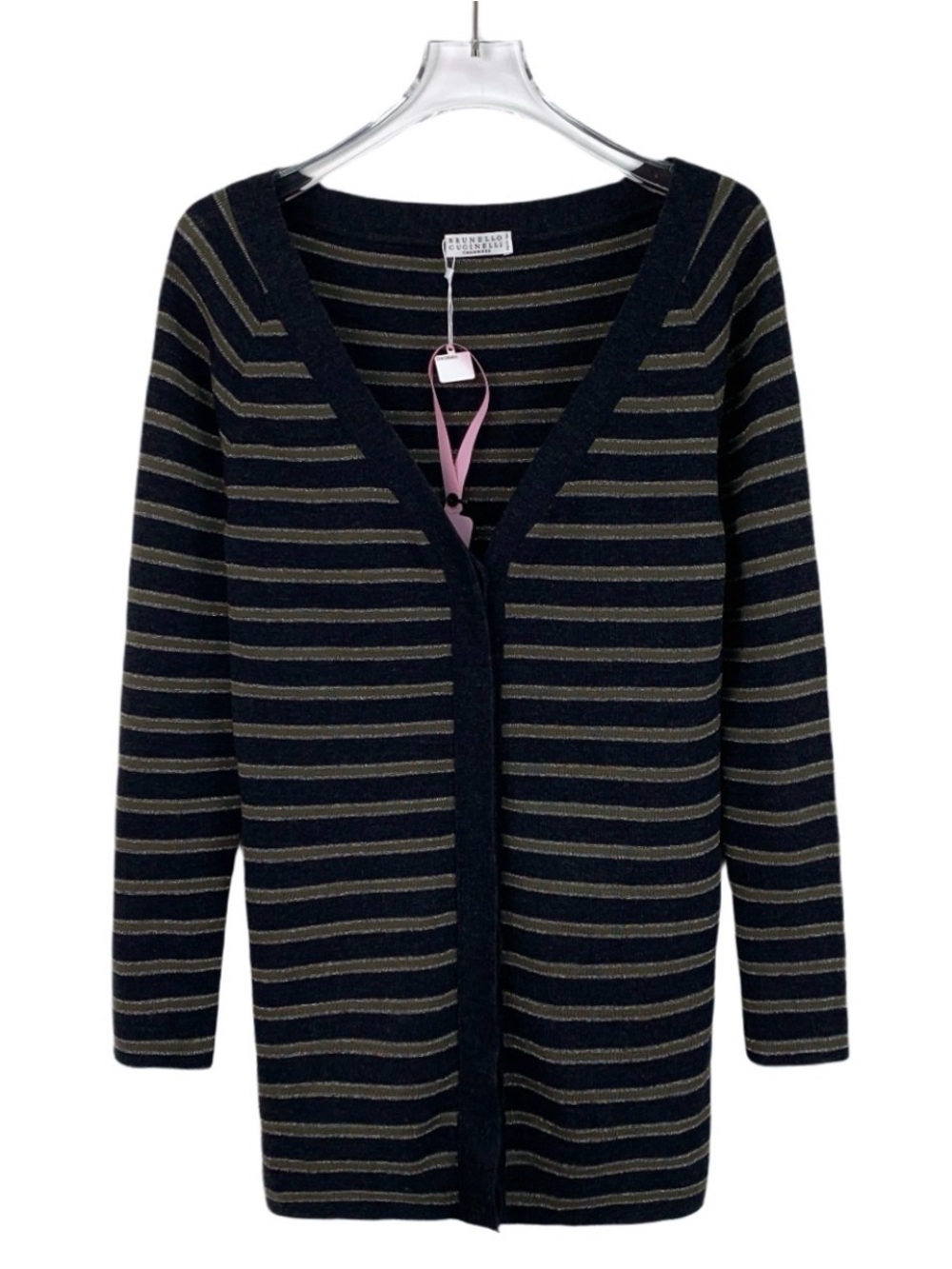 Brunello Cucinelli Navy and Gold Metallic-Striped Open Cardigan